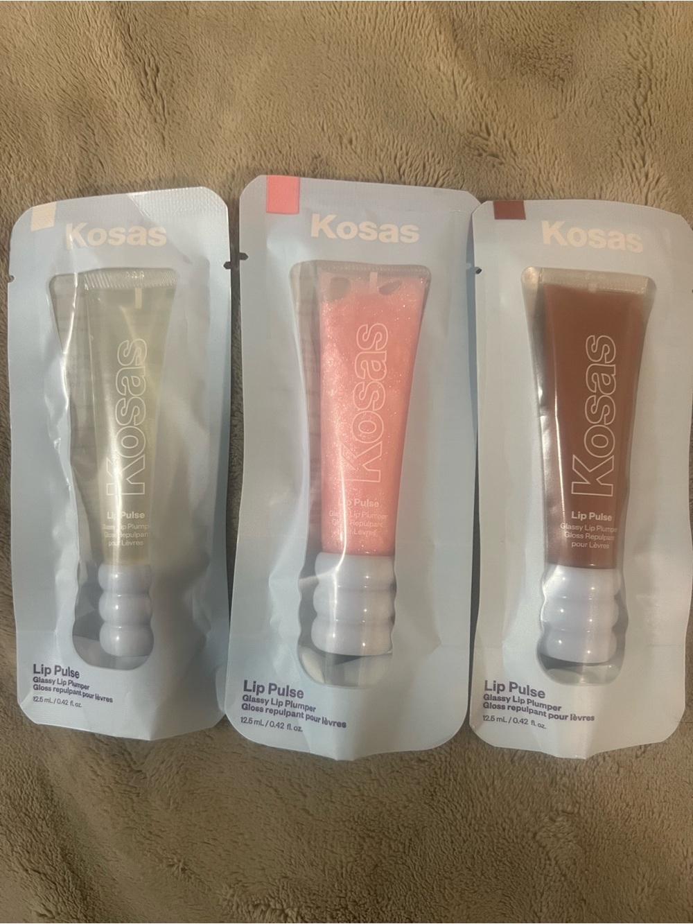 Kosas Lip Pulse Gloss Trio — Shimmer Gold, Pearly Pink, Warm Brown
